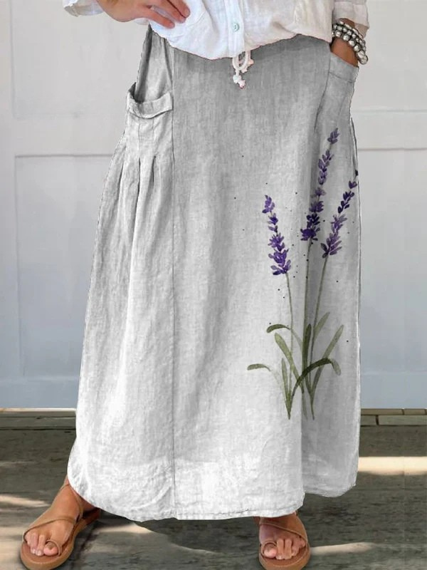 Marian | Watercolor Lavender Floral Printed Elastic Waistband Pocket Skirt