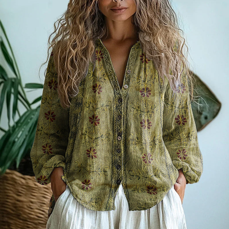Renée | Printed V-Neck Long Sleeve Blouse