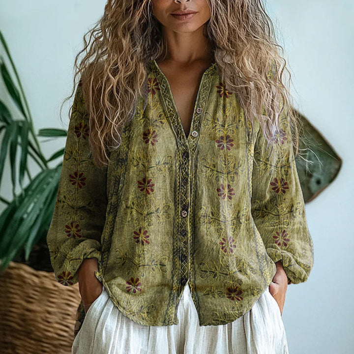Renée | Printed V-Neck Long Sleeve Blouse