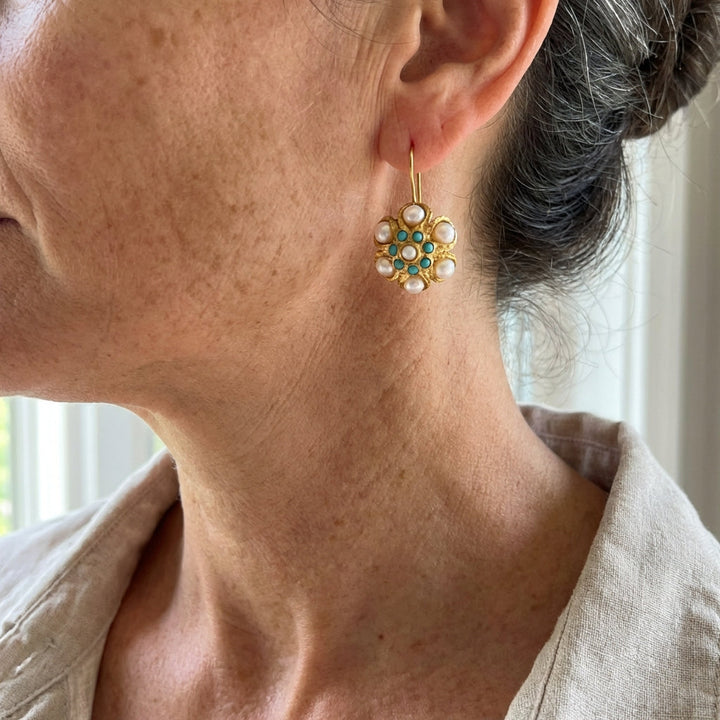 Willow | Vintage Turquoise & Pearl Medallion Earrings