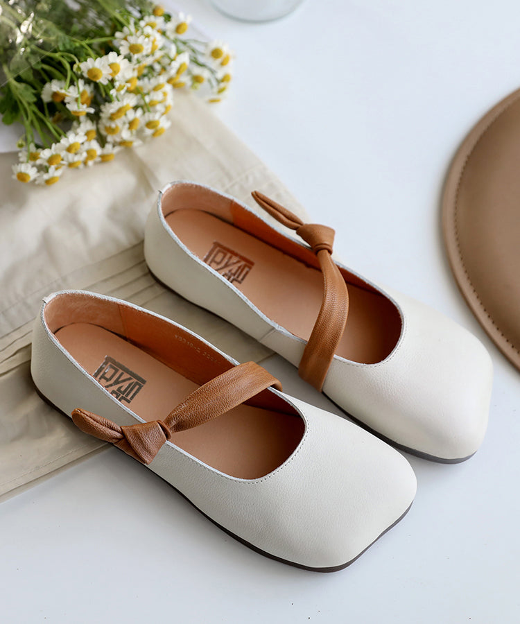 White Leather Buckle Strap Flat Shoes