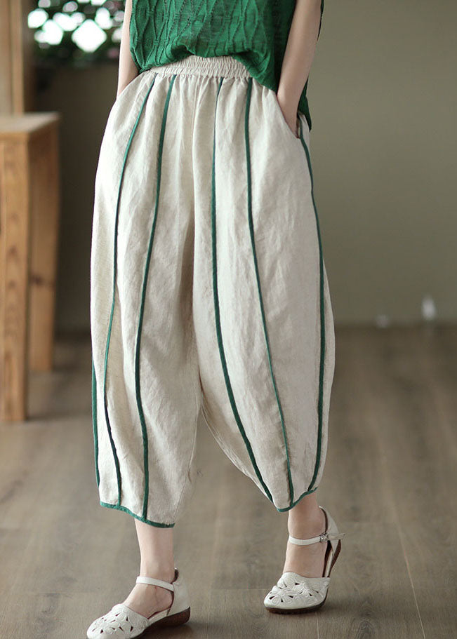 White Striped Patchwork Linen Harem Pants