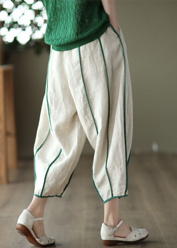 White Striped Patchwork Linen Harem Pants